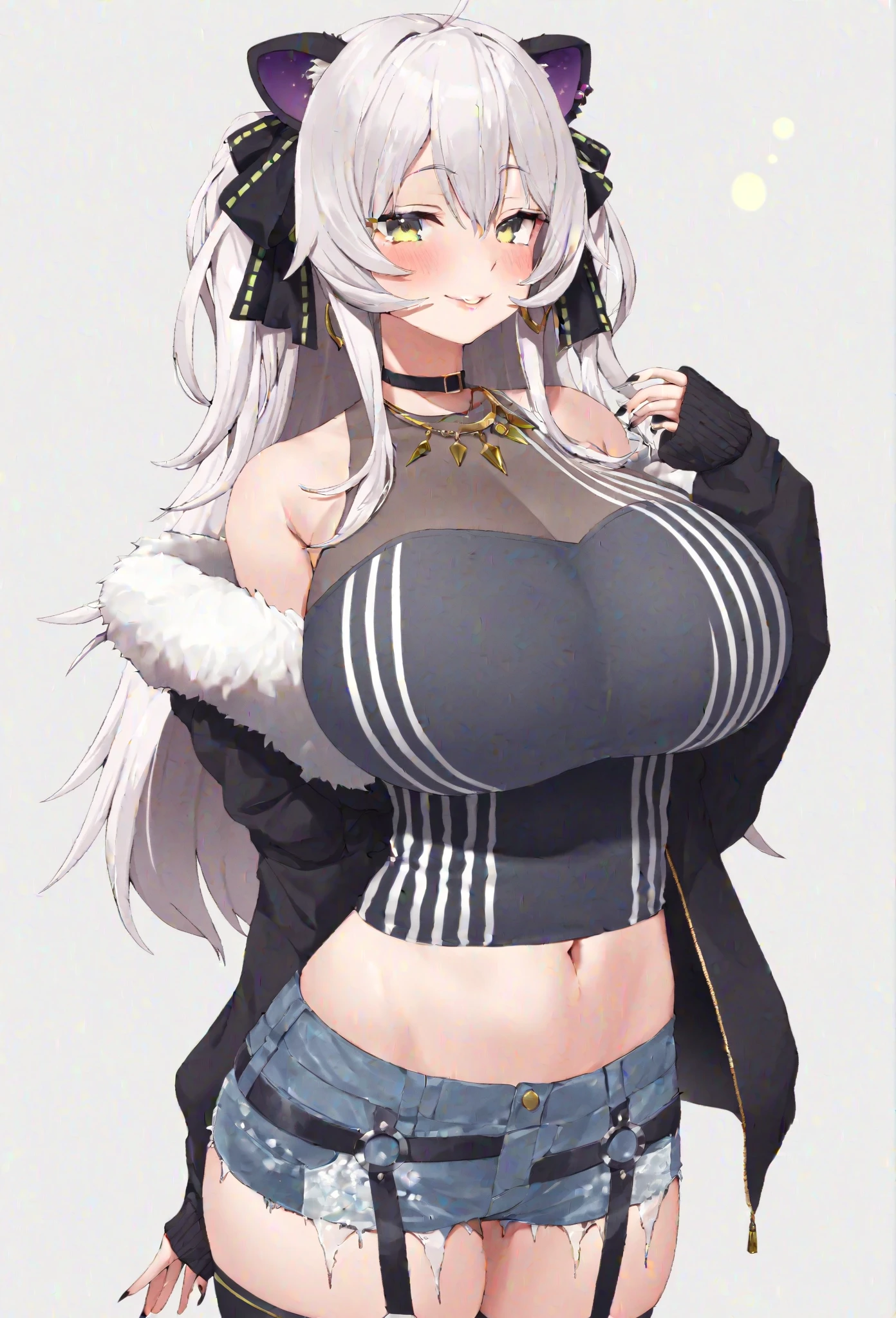 Cute girl, short gray hair, shiny eyes, sheep ears, sheep collar, wool, sheep tail, big breasts, exposed belly, short pants