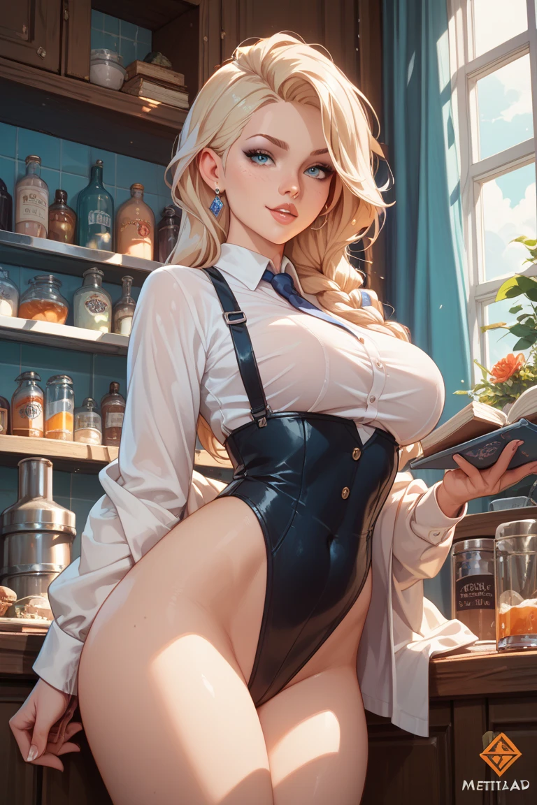 wide shot, ((best quality)), ((highly detailed)), masterpiece, (detailed eyes, deep eyes), (1girl), dynamic angle, cowboy shot,TOTK zelda, woman, smile, ((short blonde hair )), ((green eyes)),firm breasts, realistic proportions, curvy body, lipstick, curvy hips, subtly visible breasts, day lighting, ((petite body)), library background, (((visible nipples))), naked((leaning over))), collarbone, leaning over table, showing cleavage, bending over a desk, bare ass,Exposed nipples, lingerie