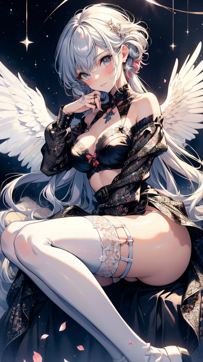 realisticlying,White hair,Golden eyes,glowing light eyes,parted lip,Blushing,the night,fresh flowers,angelicales,girls,Leg to knee,with thin legs,white legwear,Panties exposed,The bra is exposed,Golden wings