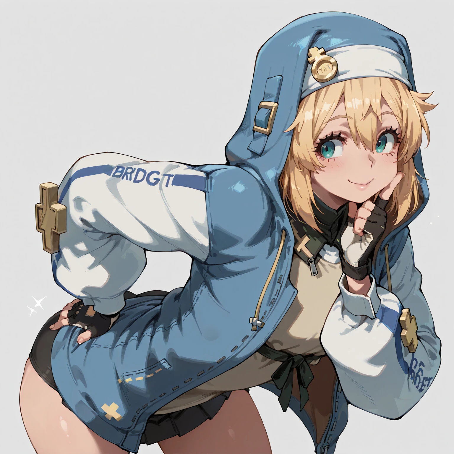 (masterpiece, Highest quality:1.2), alone, One girl, Gusbridget, smile, View your viewers, Put your hands in your pockets, Hooded jacket, Long sleeve, Black gloves, Fingerless gloves, skirt, Bike Shorts, (Shaved:1.2)