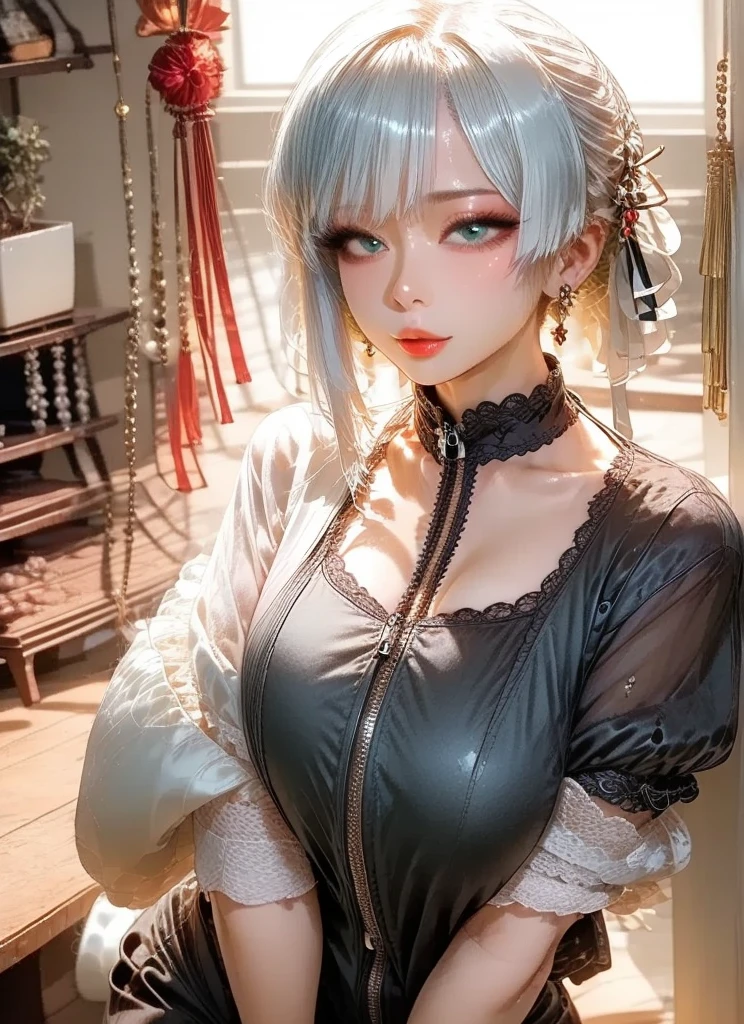 NSFW,((highest quality, 8k, masterpiece :1.3)), 1 girl, pretty woman with thin abs :1.3, (medium short hair, huge breasts :1.2), pajamas:1.1, super detailed face, fine eyes,