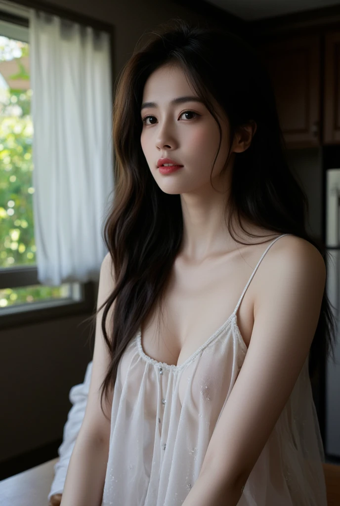 Photorealistic, masutepiece, Best Quality, Raw photo, 1girl in, Solo, Long hair, Brown hair, Detailed face, alluring face, beautiful skinthat kills virgins, medium breasts, Dynamic Pose, Looking at Viewer, From below, Detailed background, fine detailed, intricate detailes,  Ray tracing, depth of fields, lowkey, nffsw,  naked portrait, nude photography, shiny nipple, show armpit 