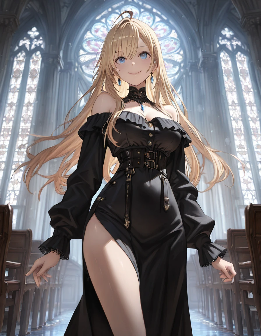 顶级animation质量，animation，HD，1080P，solo，(cygames)，a woman，extremely detailed hair and eyes，messy yellow hair with neat bang，(only wears (black transparent wedding dress))，Strapless and bare shoulders，lace，Inside the church，Gothic style decoration，[at night]，background blur，sexy feeling，(dark feeling)，Ray tracing，(bleak)
