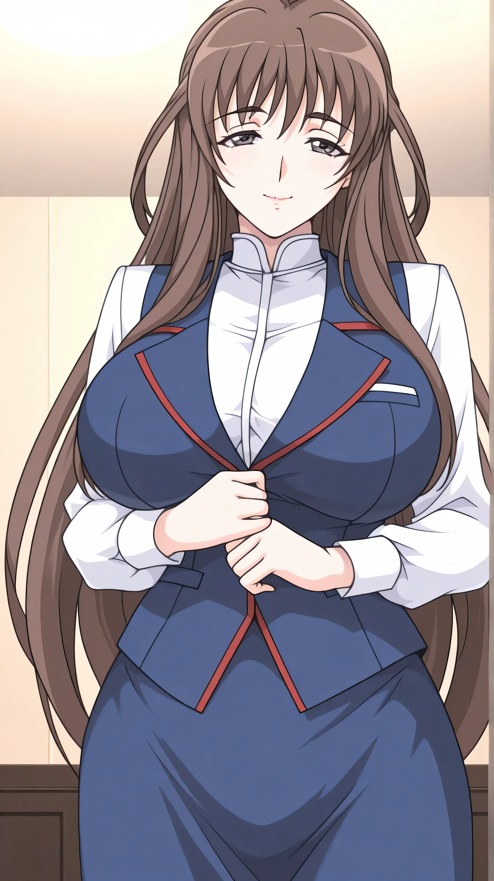 1girl, half closed eyes, solo, long hair, looking at viewer, smile, open mouth, large breasts, brown hair, shirt, hair ornament, green eyes, collarbone, braid, ((SCHOOL GIRL)), ((SCHOOL UNIFORM)) , a woman in a suit and bow tie posing for a picture with her hands on her hips and her hands on her hips, 1girl, :d, bow, bowtie, breasts, hand on hip, jacket, large breasts, long hair, looking at viewer, open mouth, red bow, , shirt,