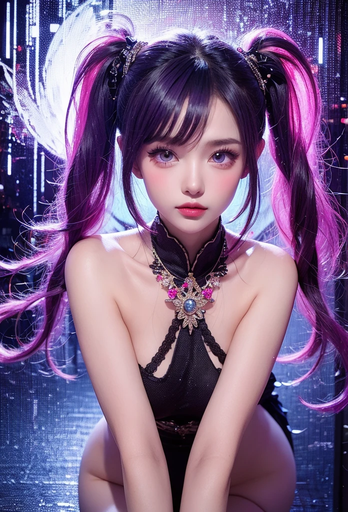 live-action、Realistic、A young girl standing in the grass、The age is6age、16K、naked、Small breasts、completely naked、twin tails、bright purple hair、blue eyes、Purple Hair、elf ears、clavicle、young girl、completely naked、naked、young girl、Braid、ponytail、nipple、Ethnic tattoo on neck、upper body close-up、ethnic tattoo、