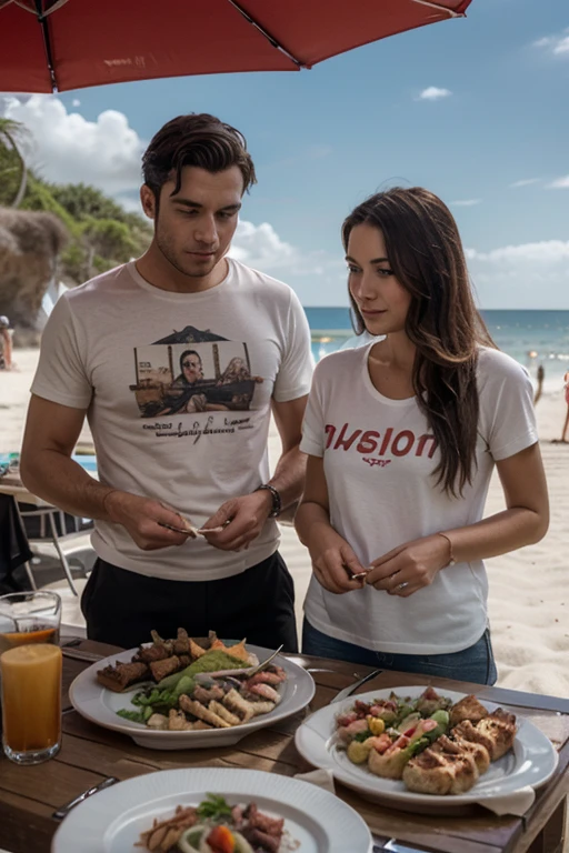 35-year-old Caucasian male with short black hair and stubble, wearing a red t-shirt, arms crossed and A young Asian woman with long dark hair wearing a orange floral print dress standing in a garden with green trees and plants in the background