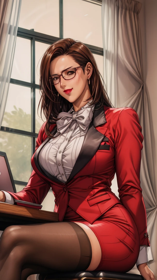 highres, high quality, intricate details, cinematic lighting, shiny, retro artstyle,
MaiKannazuki, 1girl, mature female, solo, standing, hands on own hips,
(looking at viewer:1.1), closed mouth, determined,
brown hair, long hair, (single sidelock:1.2), brown eyes, earrings, red lips, glasses,
red blazer, bowtie, puffy long sleeves, red miniskirt, grey pantyhose,
large breasts,
indoors, luxury room, window, mansion, wall,