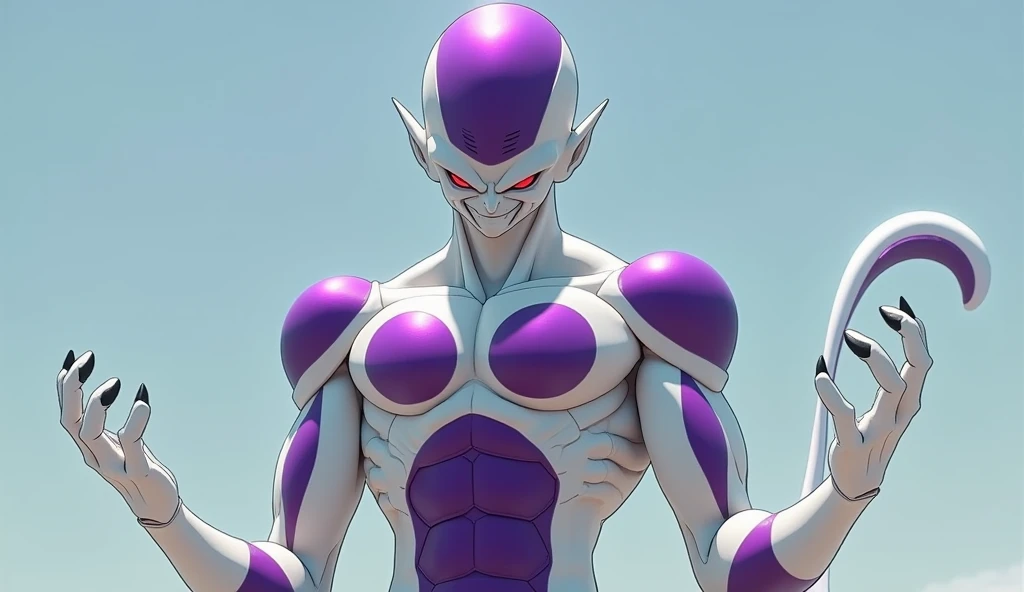 Frieza(final form)Draw。It has distinctive white skin and a purple head.、He has a cold look on his face.。The background is set in space.、The planet appears far away。Friezaはエネルギー波を放つ構えをしており、Light is shining from the palm of your hand。The muscular body is clearly depicted.、His sharp gaze is emphasized。Attention to detail、Expressing the texture of his armor and tail。