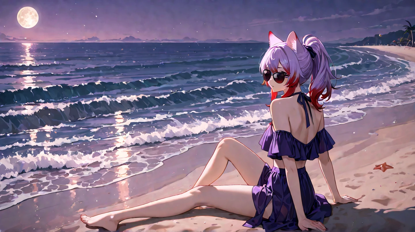 alone, score_9,score_8_up,score_7_up, anthro female espeon, blue one-piece swimsuit, beach, laying on side.