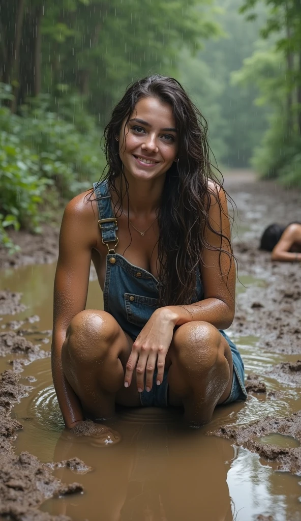 (masterpiece, best quality:1.2), cowboy shot, solo, 1girl, 27 yo gymnastic , smile, looking at viewer, pencil skirt, belt, white blouse, jacket wet clothes, soaked, dripping wet, wet hair, wet skin, translucent, glistening with oil, fully clothed, wet muddy field, dripping with mud, muddy arms, muddy hair, lying in mud, submerged, covered all over, muddy face