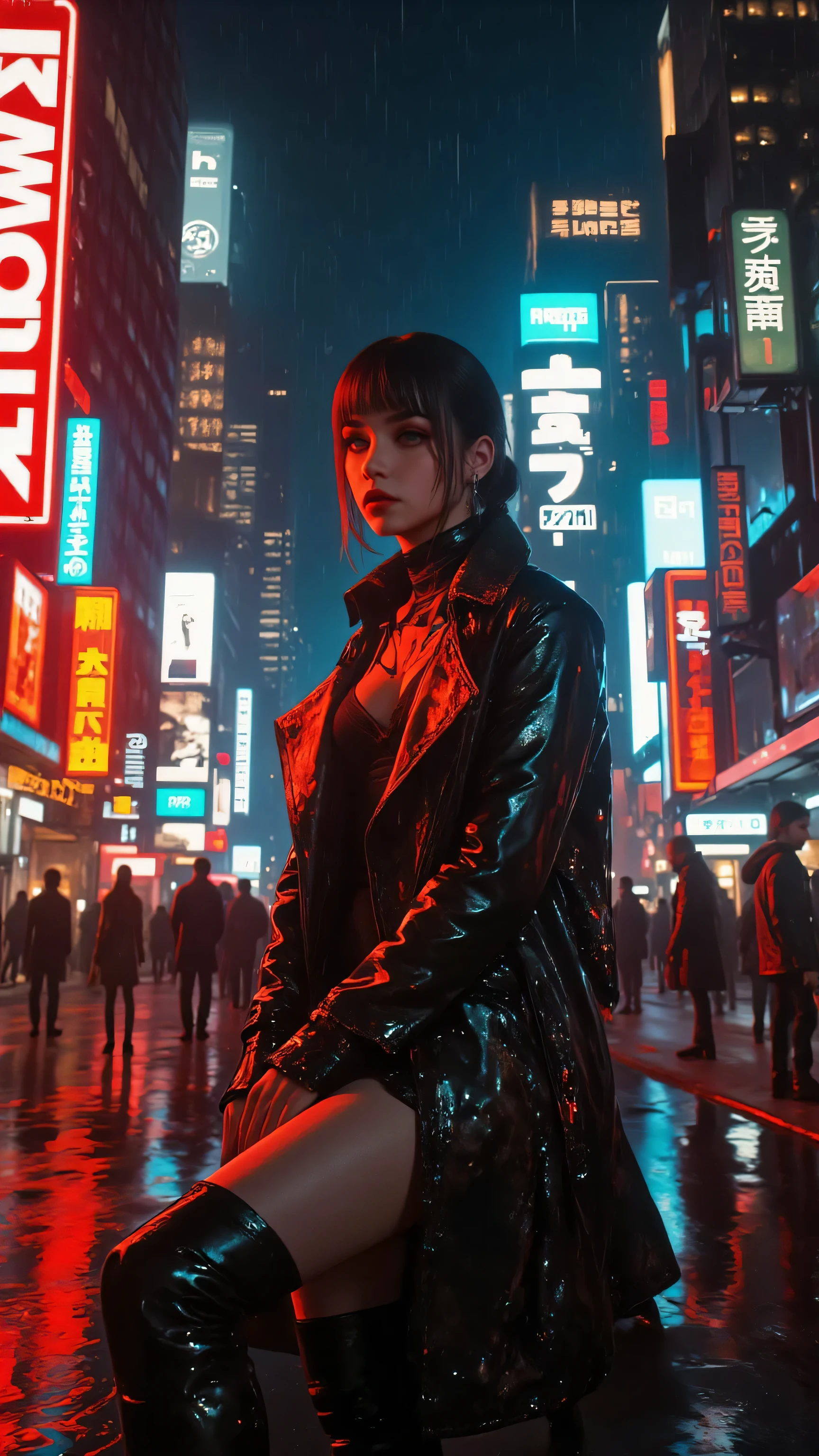 (sharp focus , accurate:1 . 1) , (bladerunner style movie poster:1 . 1) , a stunningly beautiful woman wearing an (avant-garde fashion:1 . 4) fur trimmed black leather coat , (thigh boots:1 . 1) , (bumper bangs and victory rolls hairstyle:1 . 1) , pale skin , low neckline , high collar , cleavage , beautiful face , captivating eyes , back lighting , rainsoaked street , colorful neon signs , skyscrapers , arcologies , crowded , lense flare , dark corners , expressive , dynamic pose , ultra detailed , ziprealism-xl