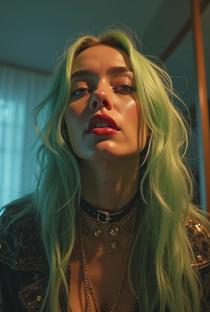 arafed instagram caucasian supermodel, biracial features, mid-length green hair, pale skin, perfect face, looking hot, Victoria secret model body, chloe bennet, harsh polaroid flash, vintage quality, in the night, dark background, one girl