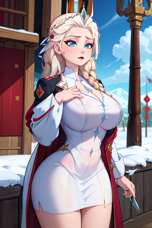 score_9, score_8_up, source_anime, 1girl, solo,The image depicts a female character in an elegant,long skirt,long blue skirt, pencil skirt ice-themed outfit. She has long, white hair and a crown-like halo made of ice crystals. Her dress is a deep blue with various icy accents and translucent, shard-like extensions. The background features a snowy, mountainous landscape, adding to the character's wintry theme. . (bound wirsts), (arms behind back), (tapegag, tape gag), dramatic, (looking at viewer), (detailed pupils:1.3), ,red rope, thick rope, normal breast,full body
