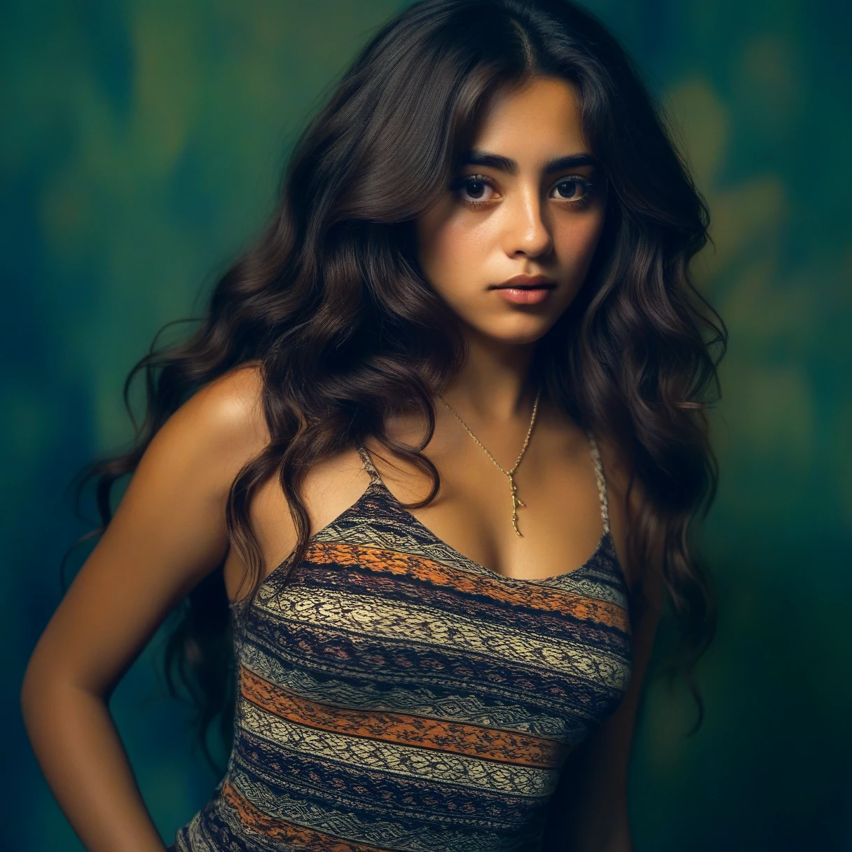 Ultra-realistic extremely high definition 8K RAW analog epic portrait photograph, sexy girl, taking fashion photo and looking on camera, pose casual, 1, foto perfil, in sexy mini tight dress,   Camila, latina, 27 years old, long wavy dark brown hair, soft sensual eyes, artistic and bohemian vibe, low-key lighting, cinematic composition, realistic SDXL style, intimate portrait, skin pores, film grain, 35mm style, analog texture 