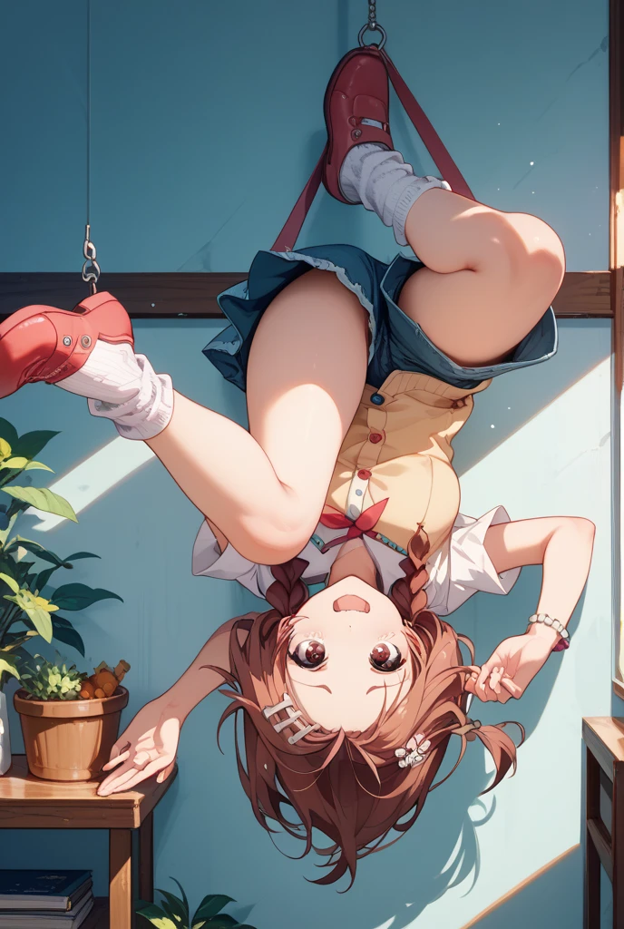 sekijou sawako, shibari, anime picture, brown eyes, bondage, bound, brown hair, long hair, black eye glasses, arms in the back, stripped, best quality, ultra-detailed, high resolution, extremely detailed cg, unity 8k wallpaper, masterpiece, perfect body, anime picture, femsub, BDSM, light blue panty, light blue bra, small breasts, at night, teary-eyed, tied up wrist together with her body, gagged with duct tape, whole mouth gag, Sekijou Sawako, upside down, tied up ankle together to ceiling, whole body upside in abandoned room, bracing,