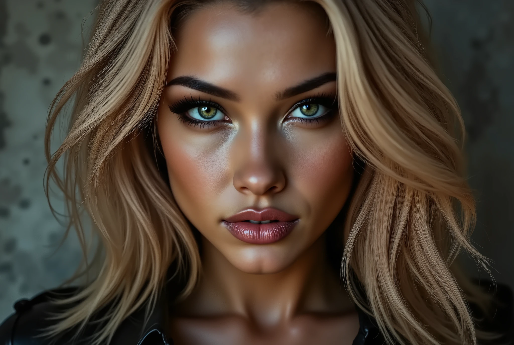 close up image of woman looking directly and intensely into the camera, her head slightly tilted down, intimidating, mischievous little smirk, piercing eyes, concrete background