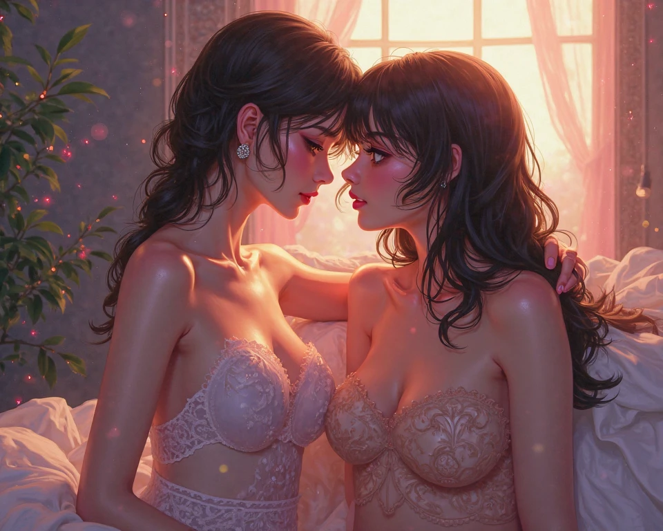 sexy dark skin, orgams, sex, lingerie, wedding, wedding-lingerie, blushed, glasses, lesbian, kissing.