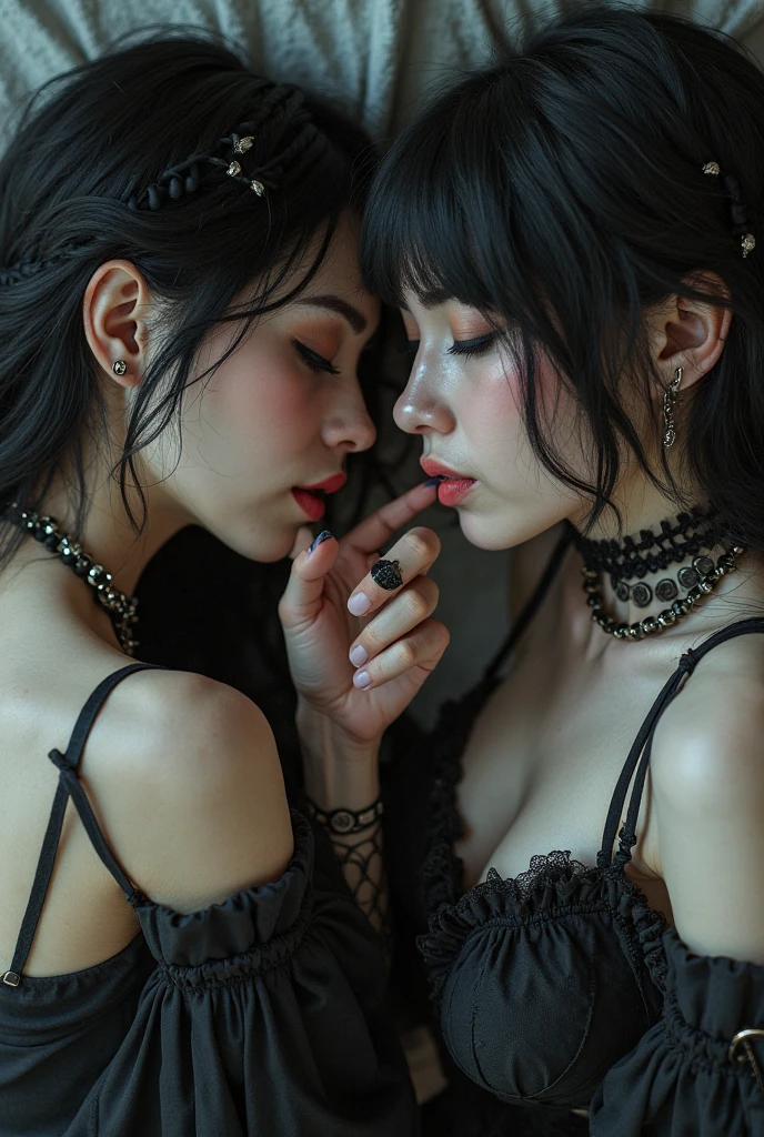 masterpiece, best quality, realistic, highly detailed, 2girl, duo, twins, (body shot), poker face, short wolfcut hair, black hair, glasses, large breast, ( Lying in bed, Lips pierced, ((full tatto on neck)), beautiful girl, A tomboy face, Flat face without expression, bedroom background, detail eyes, detail hair, perfect lighting, wearing tight mini sexy Minimalist bedtime dresses , passionate in love , Lesbians lovers 