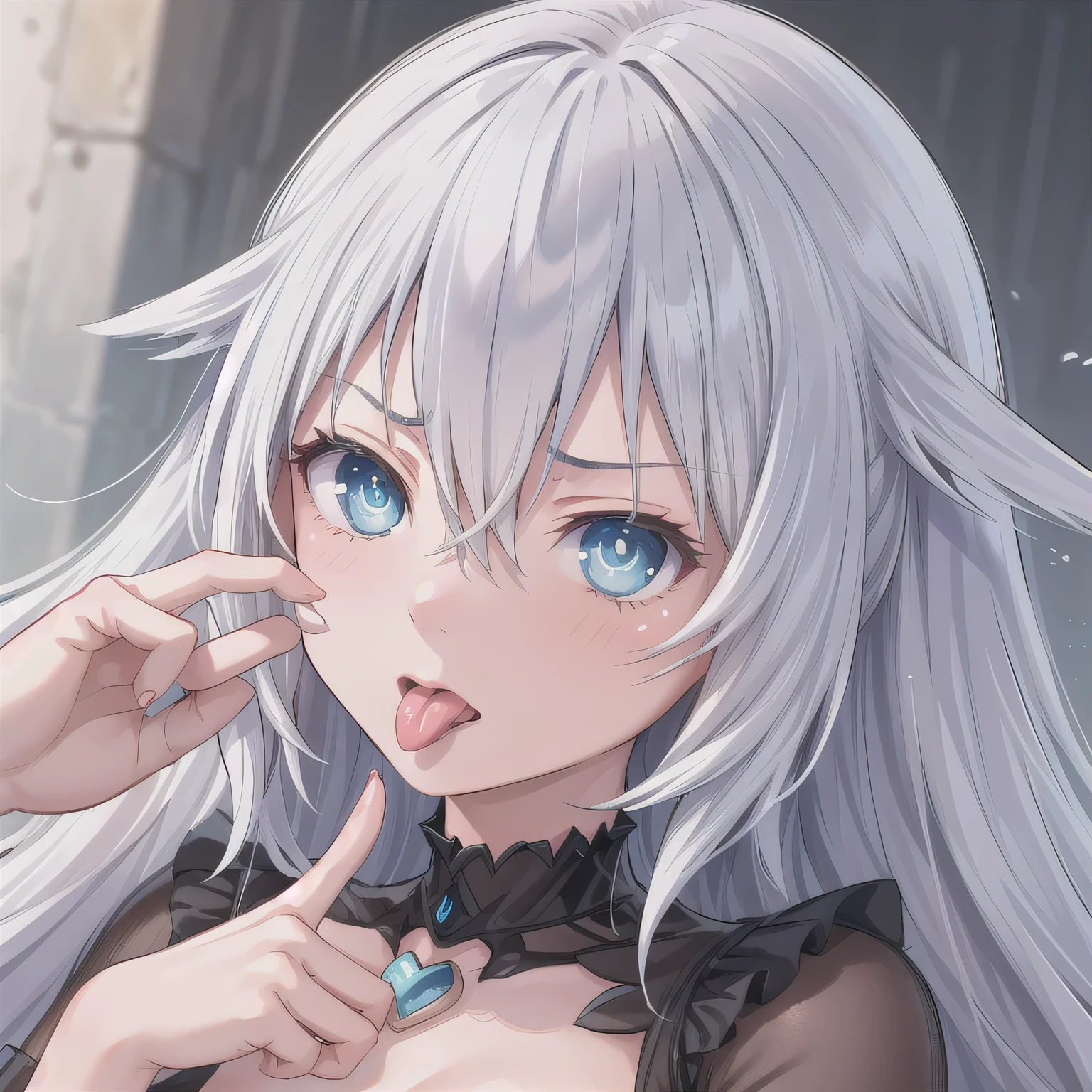 NSFW. A girl just swallowed. She shows a clear expression of discomfort and distaste, slightly sticking out her tongue as if reacting to the bitter taste. Her throat appears subtly tense, capturing the natural motion of swallowing. The atmosphere suggests the moment right after drinking, with a focus on the unpleasant expression and the realistic detail of the throat. posing with both hands raised beside her cheeks, making a peace sign, hands clearly positioned next to her face, focus on hands and gesture. Long hair, silver hair, blue eyes.