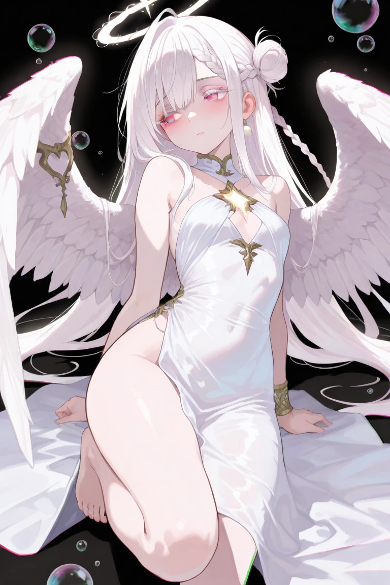  ((best quality)), ((masterpiece)), (detailed), 1girl, Character design, female, dynamic poses, long white grey hair, grey white eyes, very skinny, detailed, best quality, no accesoires around the neck, no shoes, prominent collarbones, skinny arms, flat stomach, visible hip bones, full body, blank white background, plain background, white background, red and white clothing, Bloodborne inspired, occult aesthetic, occult, detailed and intricate steampunk and detailed gothic, NSFW, Very dramatic and cinematic lighting, cosmic horror, grim-dark, side-lighting, perfect face, NSFW, Fluttering lace flared long knee length dress with frilly petticoats, knee length dress, pleated petticoats, petticoats gothic, complex lace boots, side-lighting, gothic aesthetic, wielding a mighty sword with mechanical components, mandalas, small breasts, a fairy, various different types of insect wings, NSFW, full body, whole body, body, plain background, white background, blank background, no background, white background NSFW, chains, full body, whole body, head-to-toe NSFW 