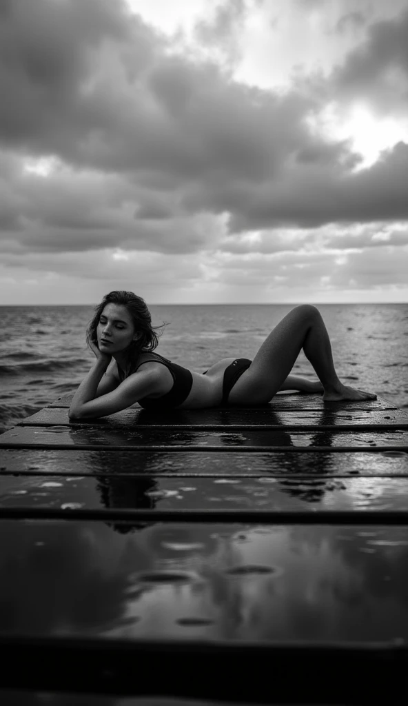 (best quality, 128k,highres,masterpiece:1.2),ultra-detailed,(realistic,photorealistic,photo-realistic:1.37), ((masterpiece)) ((photography)) ((Highest quality)) A young woman lying on a wet wooden dock, wearing a bikini, eyes closed, relaxed and dreamy expression. Low angle camera from the dock level, emphasizing the wooden planks and leading lines. Moody cloudy sky in the background, ocean surrounding the dock. Black and white photo, cinematic lighting, serene and melancholic atmosphere.
