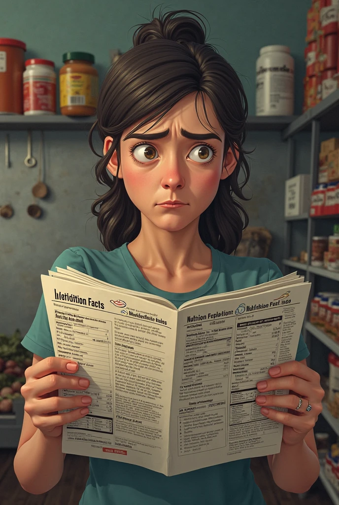 A frustrated girl trying to find eco-friendly toilet paper in the supermarket but only finds conventional toilet paper, The girl is reading the ingredients of toilet paper and they are not environmentally friendly at all.
