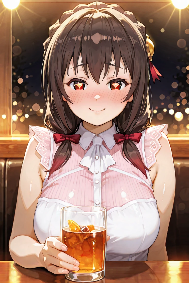 alone, One girl, Yunyun, (Surprised expression:1.5)、 (blush:1.5)、Crown braids of the same color as your hair, Red Eyes、hair ornaments, Hair Ribbon, Pink tie, Long sleeve, Pink Skirt, Knee socks, Cleavage, Cafe、A large drink with two heart-shaped straws on a table