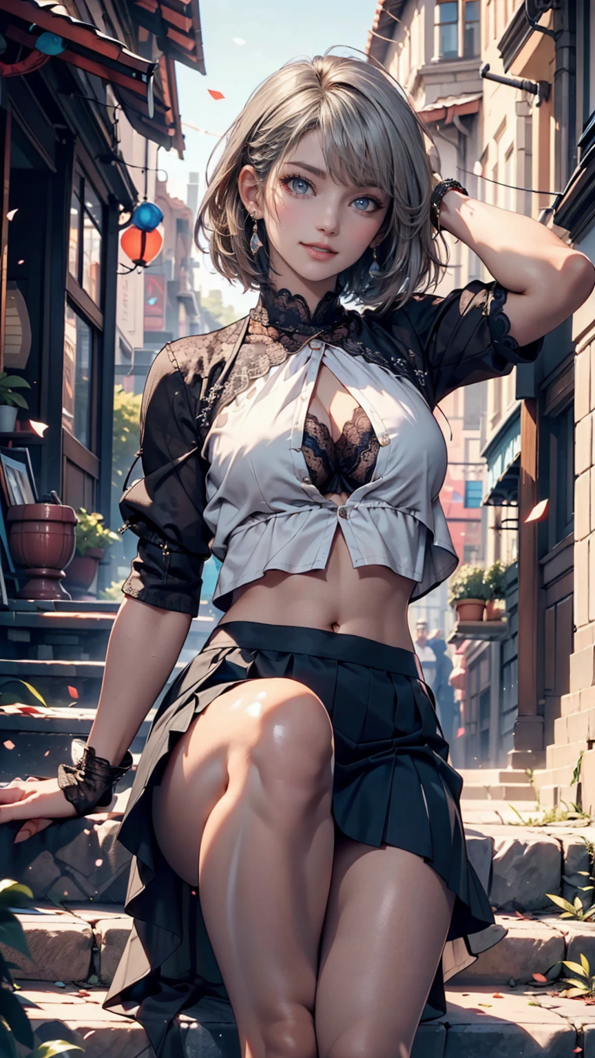 1 girl, gorgeous face, wearing thin shirt, ((unbuttoned shirt)), wearing sexy panties, in garden, trees, bench, koi fish