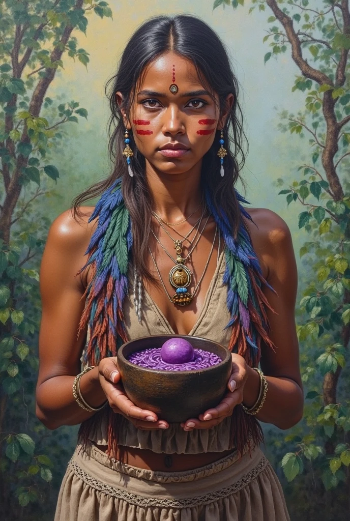 woman with a shamanic drum in her hands, Sentado na floresta, other women are around you forming a circle, She's dressed