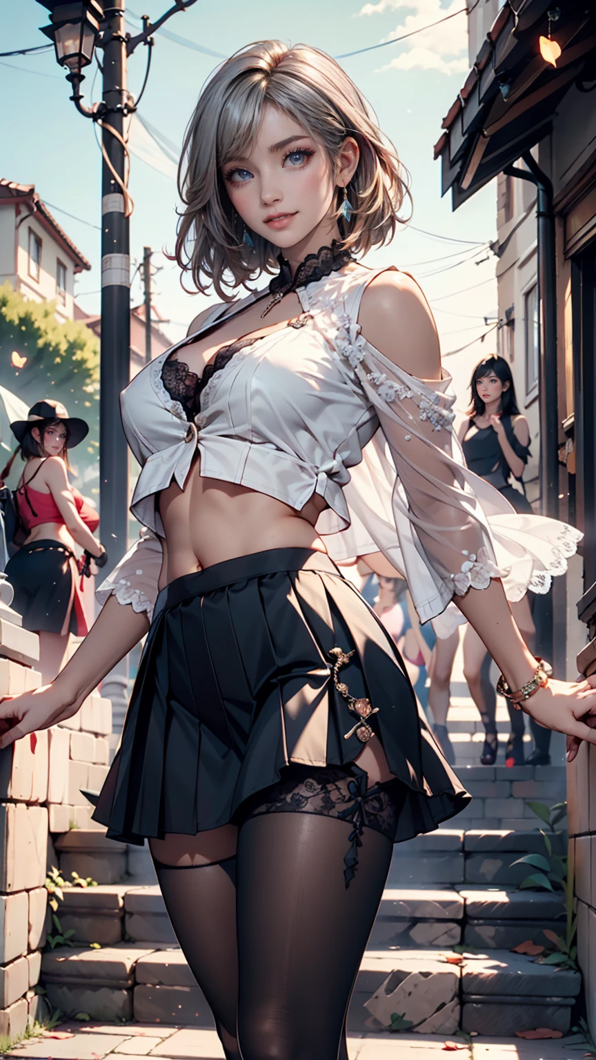 (Vulgar,nsfw),((nude,topless,,pink nipples focus)),(skirt lift,very windy),(beautiful elegant white panties),very low angle,from below),((masterpiece, highest resolution,best quality)), (beautiful photo realistic illustration), ((semi long beautiful black hair,blunt bangs,pony tail,beautiful eyes)),(solo),(beautiful elegant black skirt,skirt lifted by the wind),(looking at the viewer), (walking around the shopping mall),
(innocent smile, Embarrassed),(white over-kneehighs,Lace chalker, wristband, fingerless gloves, over-kneehighs,
Lace chalker, diamond necklace,wristband, fingerless gloves, earrings), (cinematic lighting, very windy),shopping mall,big city,busy street,day,blue sky,flowers and trees,crowded,(from the ground),(beautiful elegant Underwear patterns),
