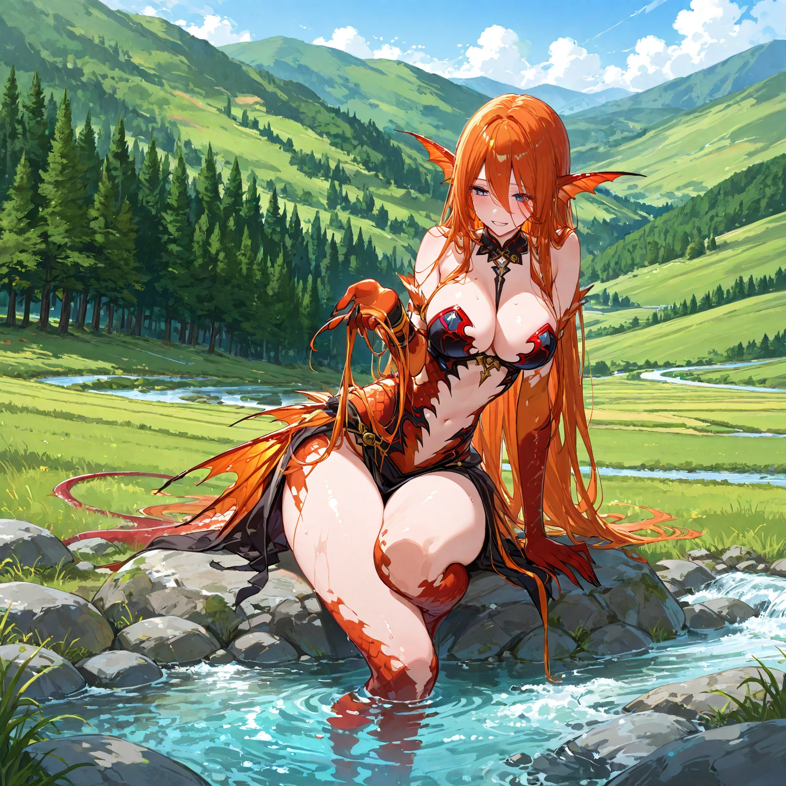 (Masterpiece, best quality, beautiful eyes, highly detailed, high res), 1girl, fox girl, fox ears, fox tail, orange hair, green eyes, Japanese priestess, goddess, Miko clothing, mature woman, big breasts, massive breasts, massive cleavage, sexy, shiny skin, wet skin, water temple, water, wet clothes, shiny clothes, beautiful face, mommy body, divine, smiling, tight clothes, thick thighs,