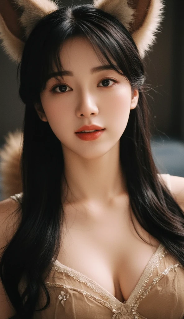 Close-up photo of Korean woman, Beautiful and spellbinding for every eye, Under the eyes, night picture, Dress cutely, flower garden, park
