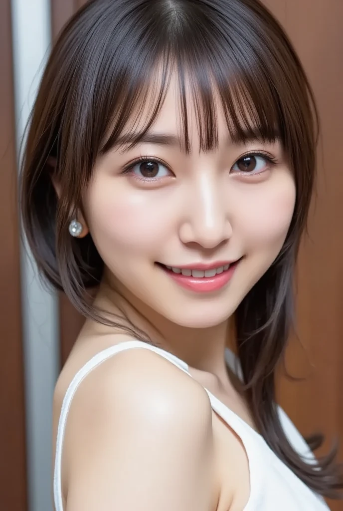 masutepiece, Best Quality, Illustration, Ultra-detailed, finely detail, hight resolution, 8K Wallpaper, Perfect dynamic composition, Beautiful detailed eyes, doress, short Hair, mid-chest, Natural Color Lip, Random and sexy poses,Smile, Blurred white studio background、20 years girl、Colossal 、Too much exposure、No shoulder dress(black)、Exposing the chest、Slid、I keep my hair tied up