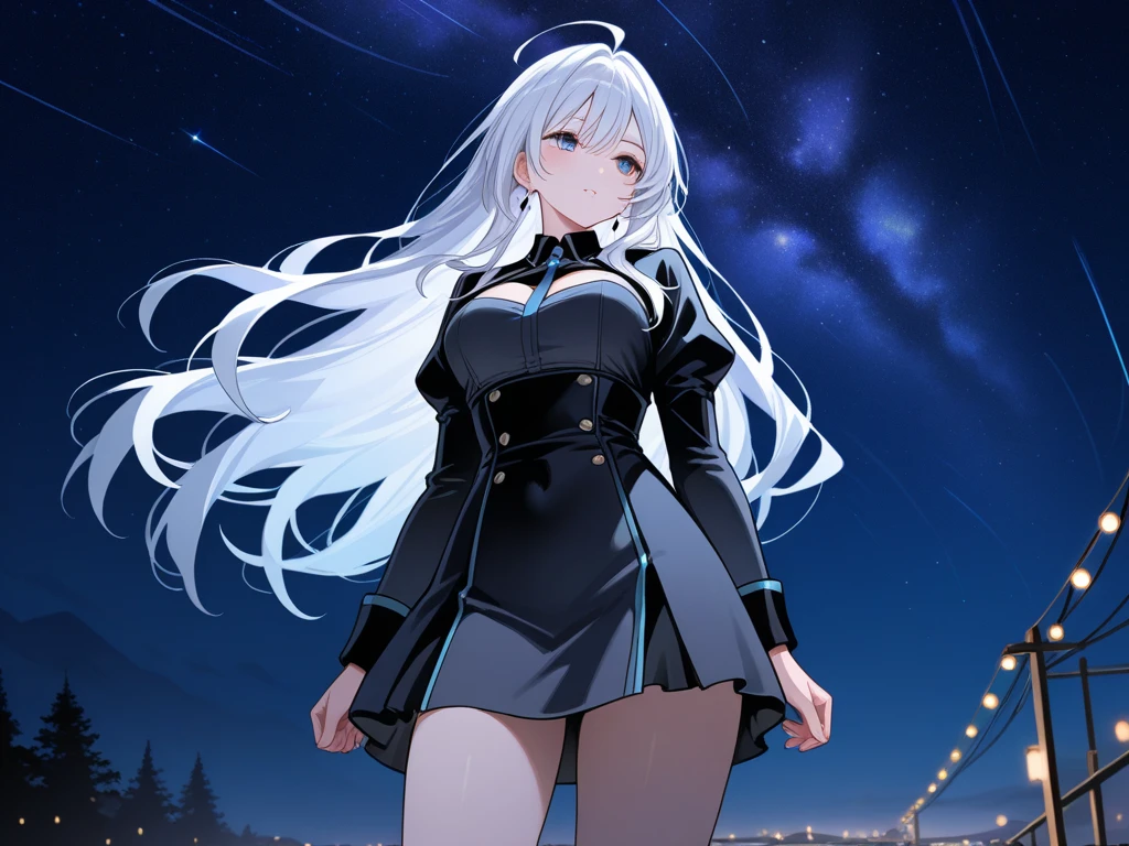 octanerender, Skysky, As estrelas (Skysky), scenecy, starrysky, the night, 1个Giant Breast Girl, nigh sky, Alone, Outdoor activities, signatures, buliding, clouds, milky ways, sitted, The tree, long whitr hair, 城市, contours, view over city