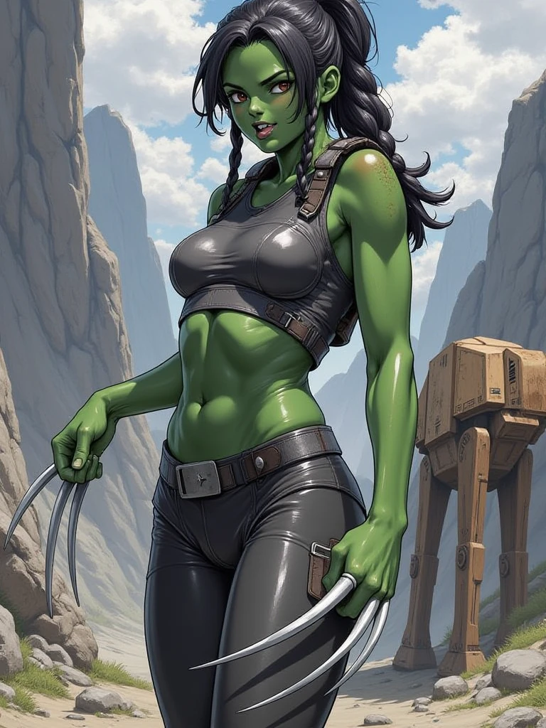 best quality, orc woman, beautiful muscular adult woman, very muscular, very tall, wide body frame, broad shoulders, long brown and purple sideshave haircut, tattered t-shirt, cyberpunk clothes, large breasts, wide frame, beefy physique, orc ears, mischievous grin, green skin, beautiful, strong, TALL, hdr, black goth eyeliner, light brown eyes, matte black lipstick, retro futurism city, outdoors, moonlight
