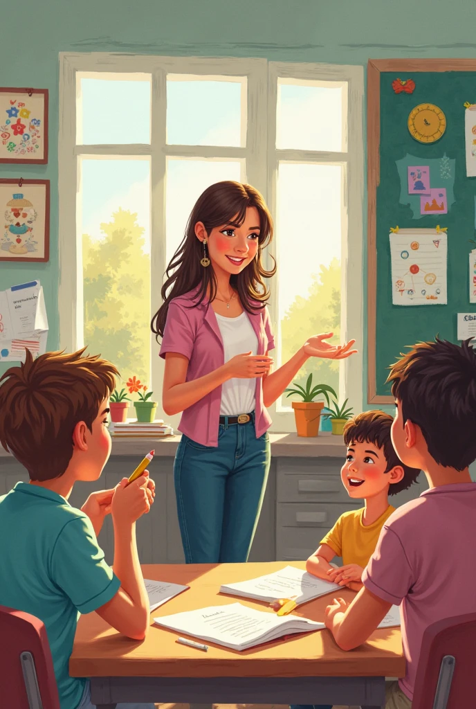 Generate an image for me where an early childhood education teacher is telling a story or tale with emphasis on syllables:
- The teacher tells a short story or reads a tale where key words are highlighted and divided into syllables.. As you read, The teacher pauses at important words to divide them and count the syllables together with the children.. This helps contextualize the concept of syllables within a story..