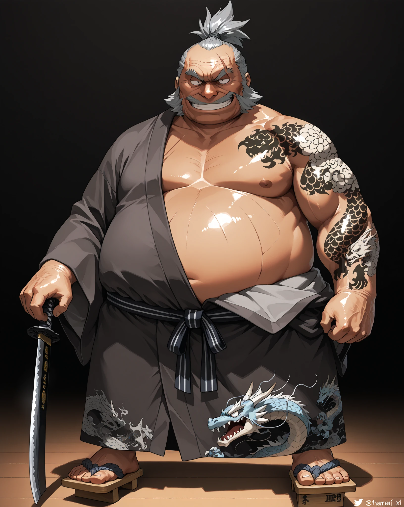 ultra-detailed, masterpiece, masterwork, high quality, best quality, hdr, japanese style room, night, (nsfw), (solo), male, dragon, (white little body minotaur), (white chubby body), (bare yukata), (long golden hair), (yellow eyes), stylish pose, dynamic angle, (bulge fundoshi), earrings, Scar in one eye.
