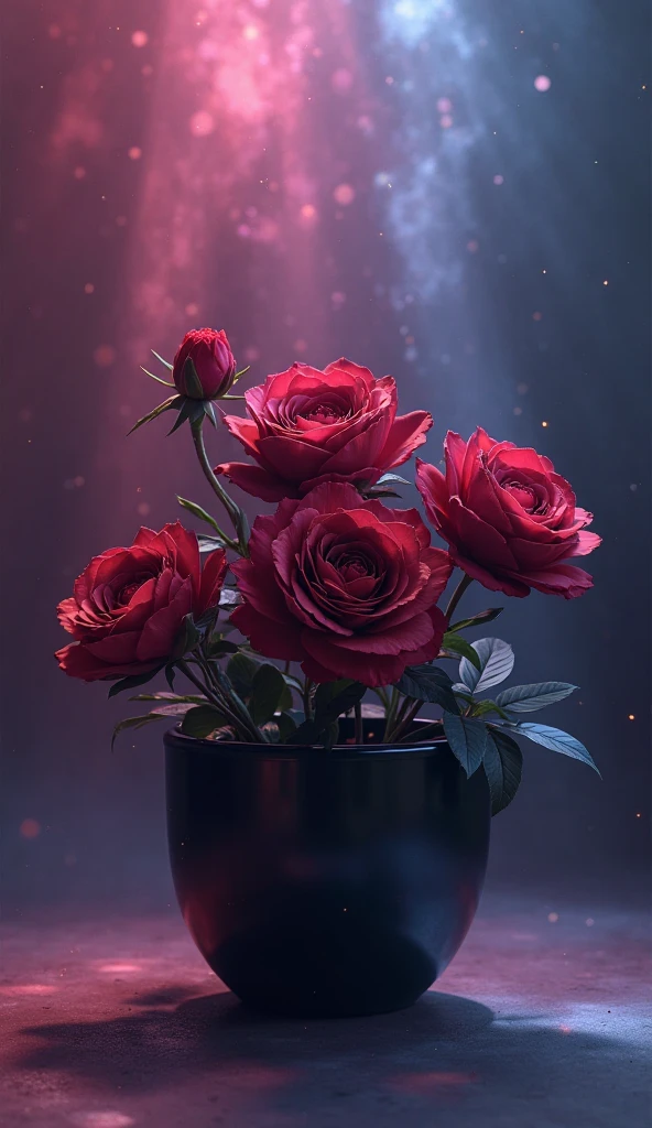 flower, a pot of roses ,in the style of blood red and blue in the center, dreamy and romantic compositions, ethereal foliage, playful arrangements,fantasy, high contrast, ink strokes, explosions, over exposure, purple and red tone impression , abstract, ((watercolor painting by John Berkey and Jeremy Mann )) brush strokes, negative space, light background