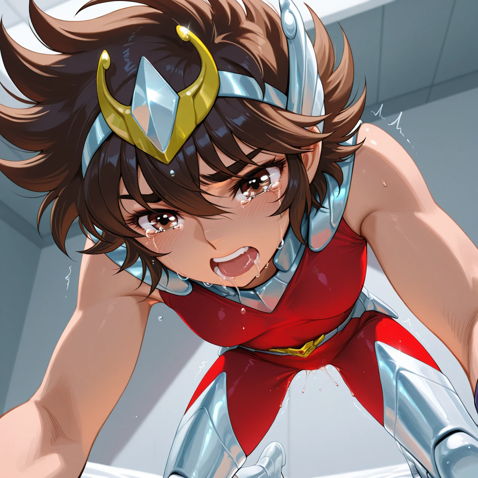 masterpiece, best quality, 1girl, female, curly brown hair, superhero, pink superhero costume, leotard, bare legs, boots, matching boots, medium breasts, light particles, wind particles, aura, stand, standing, highleg, twirl, spin, tornado, tornado twirl, tornado spin, whirlwind, wind particles, city backdrop, time travel, solo,