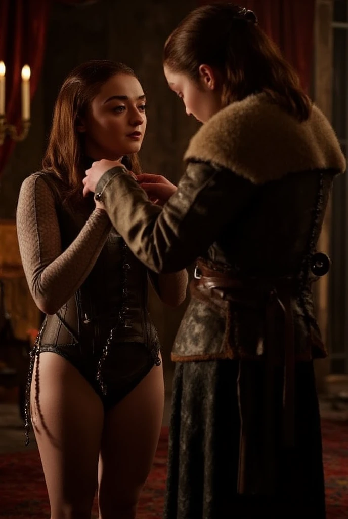     I don't care how you do it, but please, put maisie williams in a corset. Have sophie turner help lace them up nice and snug. maisie williams just looks so good with an itty-bitty waist.
