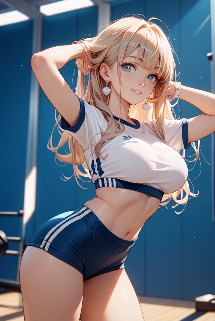 Gold city (umamusume) in sexy mini shorts and sports bra, crouched deadlifting with a bar with her back facing a gym mirror, sweating, High Resulution, UHD, detailed image.