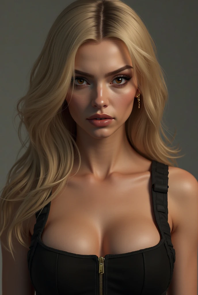 (1girl),large breasts,  breasts, tan, dewy skin, sweaty skin, wavy blonde hair, nylon tshirt, punk girl, dark hair, transparent