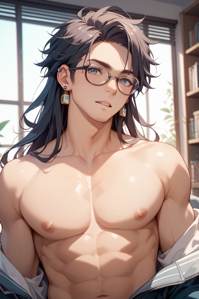 Male, black hair, hair parted in the middle, a scar on the right cheek, brown eyes, no shirt, muscular, large  Wear glasses