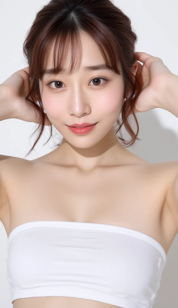 Side view, Mature skin, freckles, Beautiful elderly woman, cute,sexy,55 years old,,sexy, old woman,Big saggy Breasts, nude, Side boob, Hair braids, loop earrings, hair bunches, cute hair, rosey cheeks, arms straight up, plain grey background
