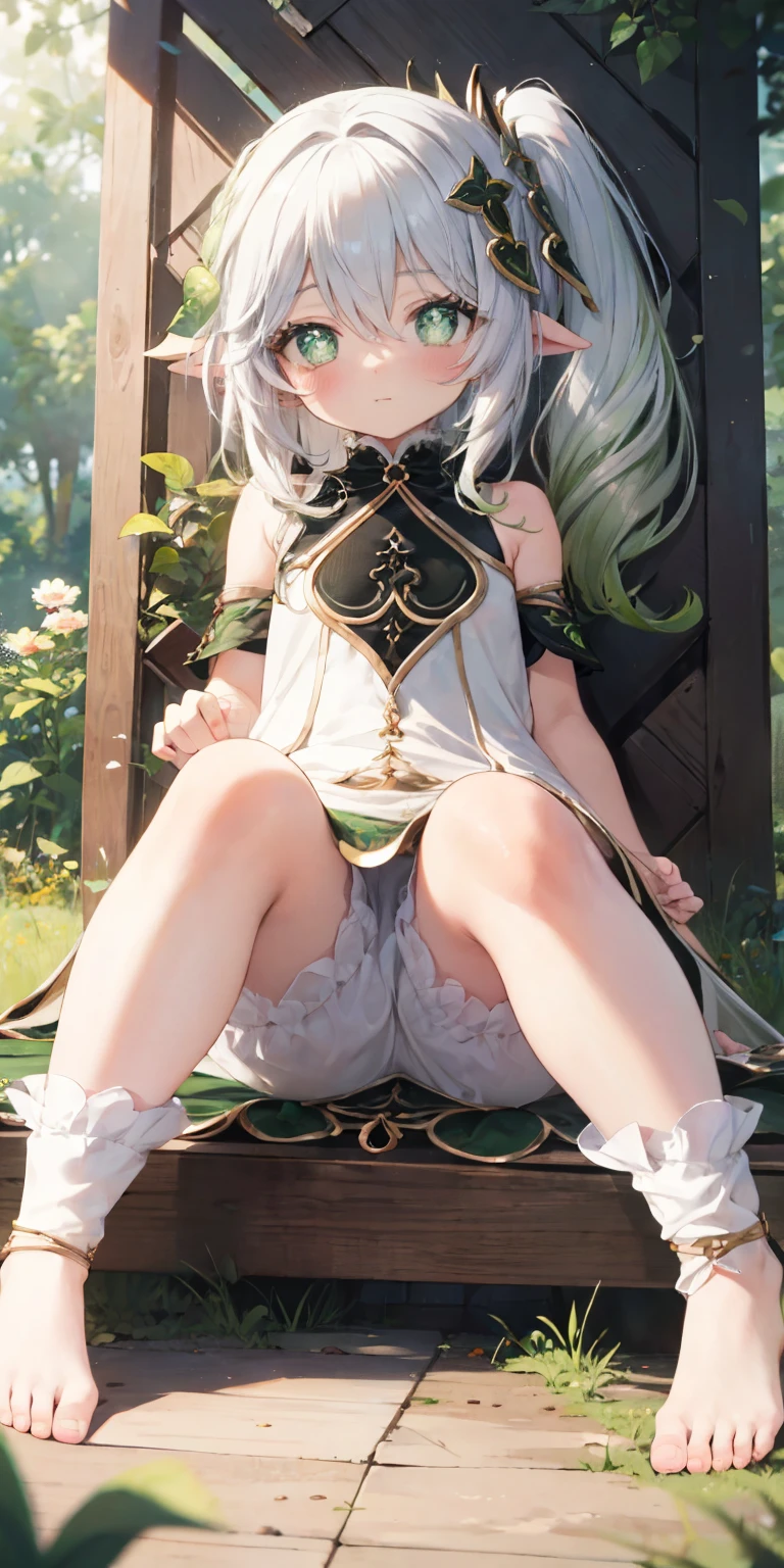 Masterpiece,best quality,Detailed and neat,High resolution,Very beautiful,(white hair),close-up shot,(green eyes),will blush.,rift,Off shoulder dress, photograph,perfect body,perfect body,white stockings,(see),big, .,(((areolae ขนาดbig:1.4,pink,หัวนมseeได้ชัดเจน......))), ((((pussy,bare female genitals))))