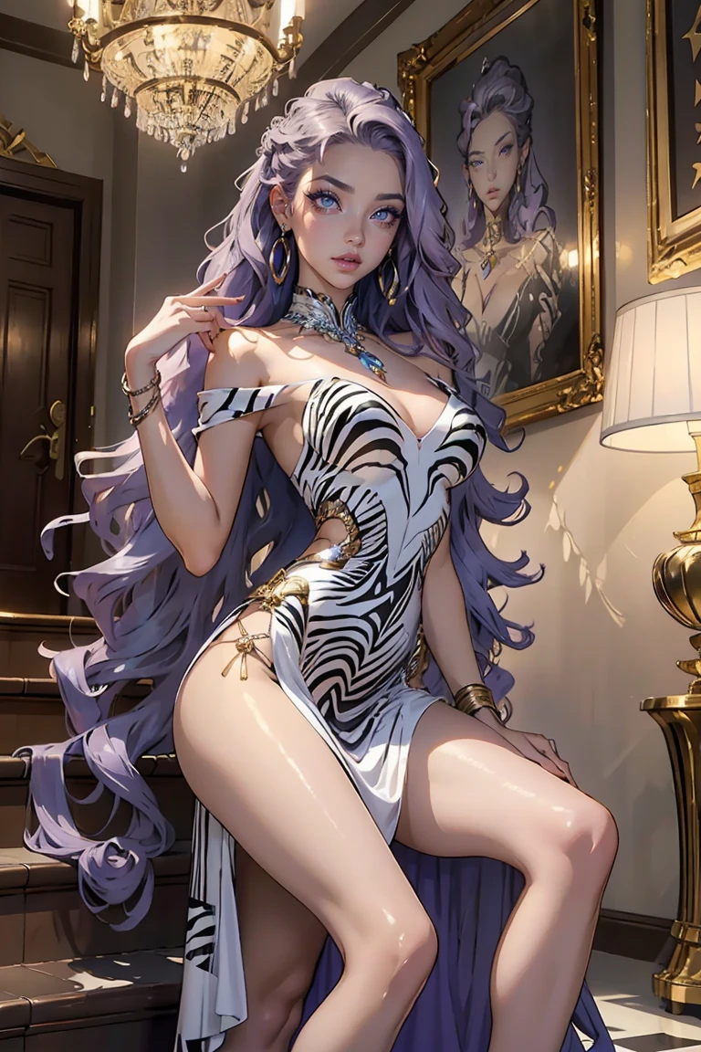 18-year-old girl brown skin, wavy white hair, thin, lilac eyes, 1.57 meters tall and the ratio between bust, weight and waist and hip measure 35 x 40 x 35 cm with tattoo on the leg. bikini clothing --auto --s2