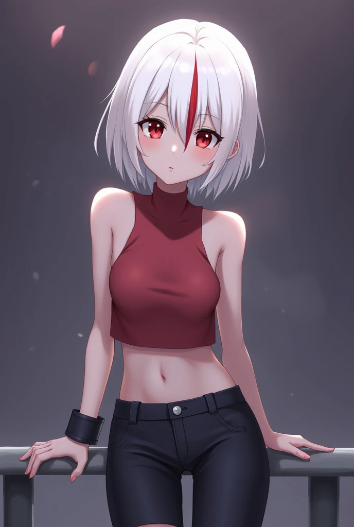 Visual Kei Girl short hair Silver Hair Black eyeshadow Red mesh bangs Yellow Sports Bra Black Sports Bikini Rainy Park Cold Stare Contempt