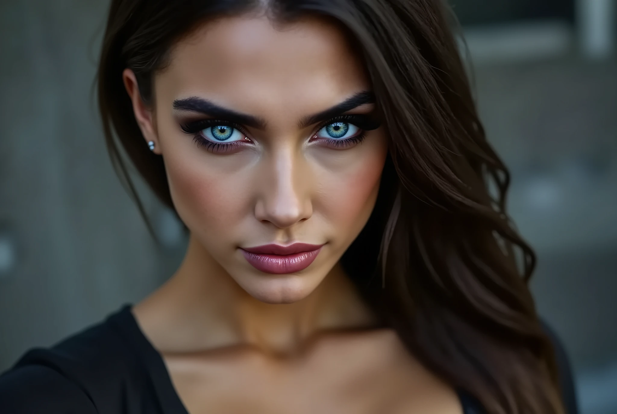 close up image of woman looking directly and intensely into the camera, her head slightly tilted down, intimidating, mischievous little smirk, piercing eyes, concrete background