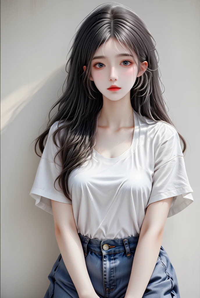 ((best quality, 8k, masterpiece: 1.3)), sharp: 1.2, perfect body beauty: 1.4, slender abs: 1.2, (white t-shirt, and denim shorts: 1.1 ), city streets: 1.2, highly detailed facial and skin textures, detailed eyes, double eyelids, robin, black hair, long hair, small perspective,  <lora:Vinnegal:0.9>