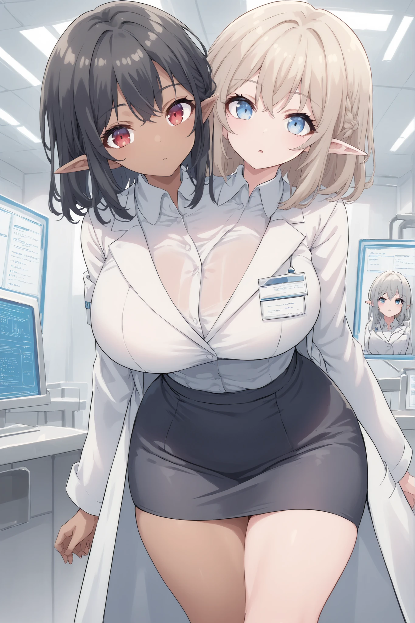 2heads, twoheads, a tall thin girl with 2 heads, white hair, black hair, blue eyes, red eyes, elf ears, half dark skin and light beige skin, two tone skin, light beige skin, dark skin, white shirt, lab coat, black pencil skirt, black skirt, large breasts, laboratory,